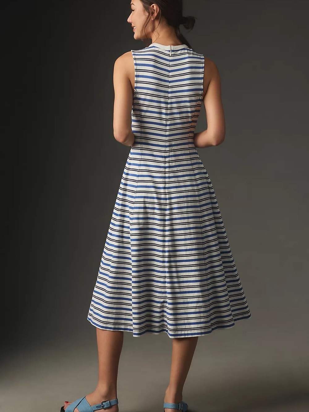 By Anthropologie Blue and White Striped Sleeveless A-Line Midi Dress - Picture 2 of 10